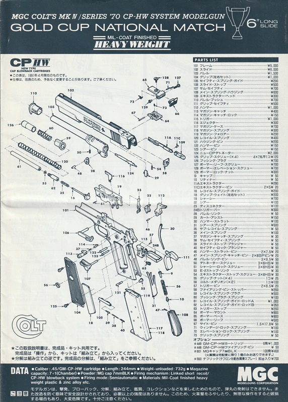 モデルガン取扱説明書 MGC GM5 CGNM 6" ロングスライド