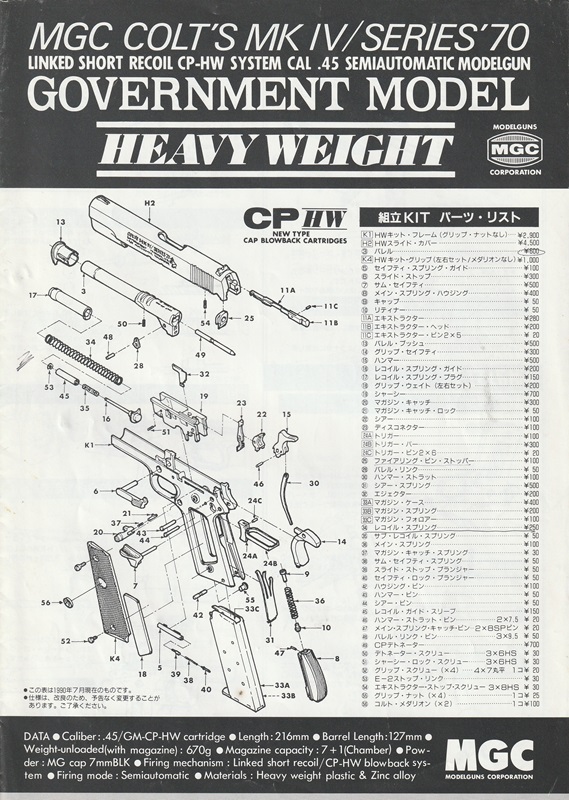 モデルガン取扱説明書 MGC GM5 コルト シリーズ70 HW