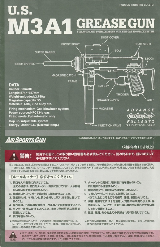 取扱説明書 ハドソン産業 US M3A1 ガスガン