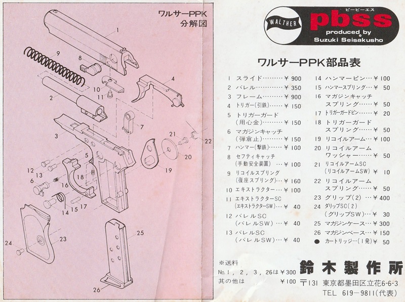 パーツリスト 鈴木製作所 ワルサー pbss 金属製モデルガン